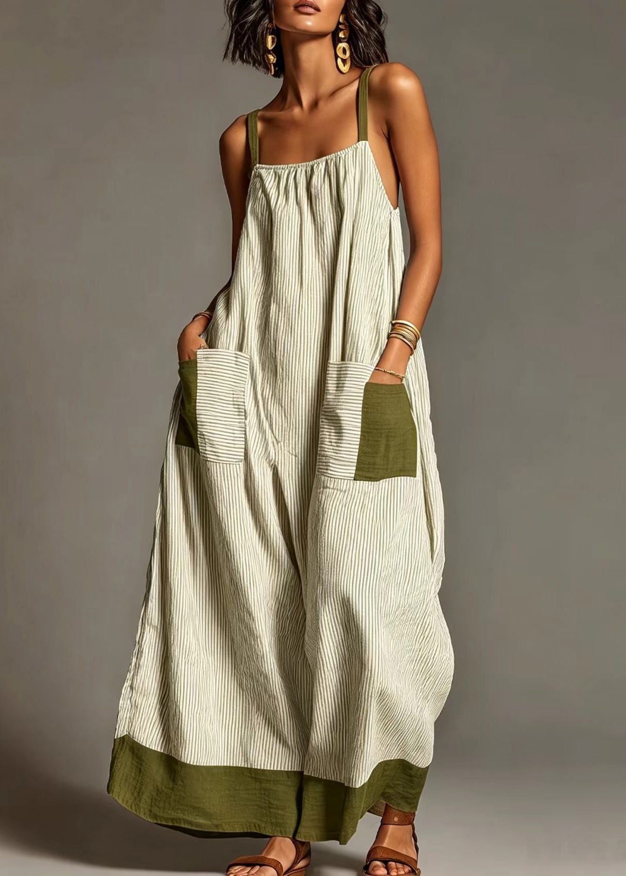 Women Green Oversized Striped Cotton Mid Dress Summer