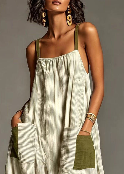 Women Green Oversized Striped Cotton Mid Dress Summer