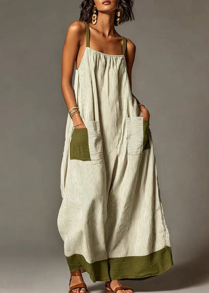 Women Green Oversized Striped Cotton Mid Dress Summer