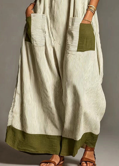 Women Green Oversized Striped Cotton Mid Dress Summer