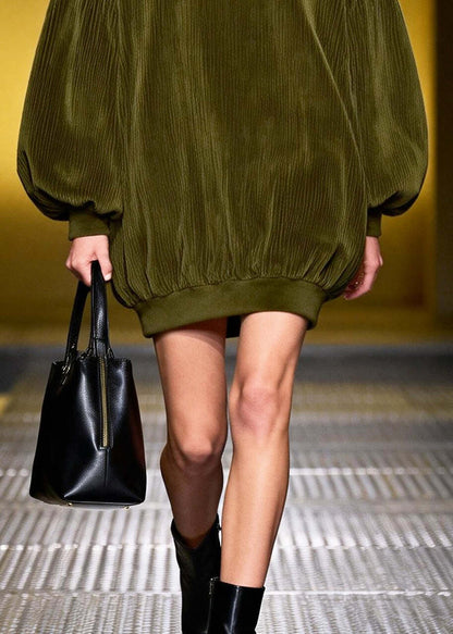 Women Green Peter Pan Collar Patchwork Corduroy Dresses Lantern Sleeve