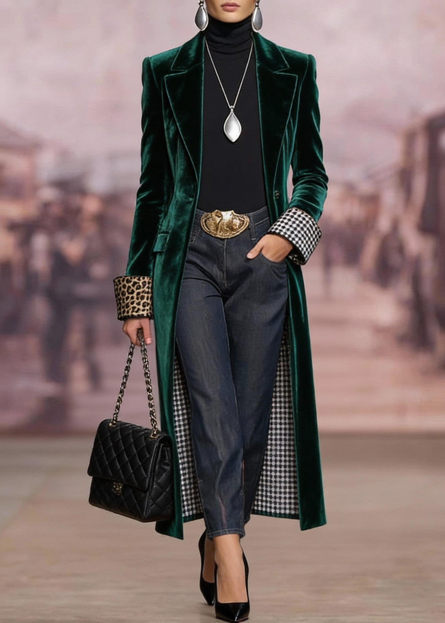 Women Green Peter Pan Collar Pockets Velvet Coat Spring