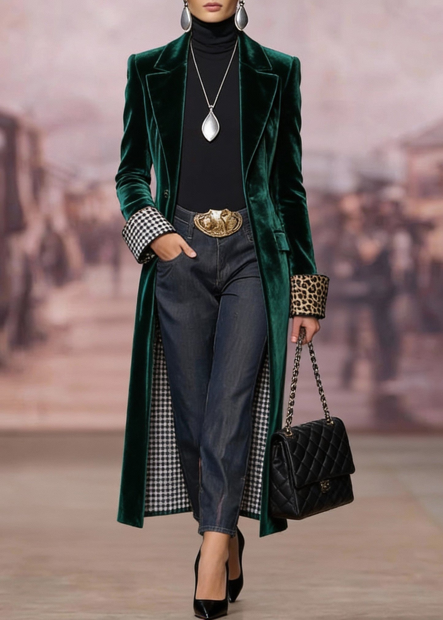 Women Green Peter Pan Collar Pockets Velvet Coat Spring
