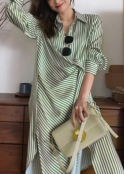 Women Green Peter Pan Collar Striped Cotton Shirts Dresses Fall