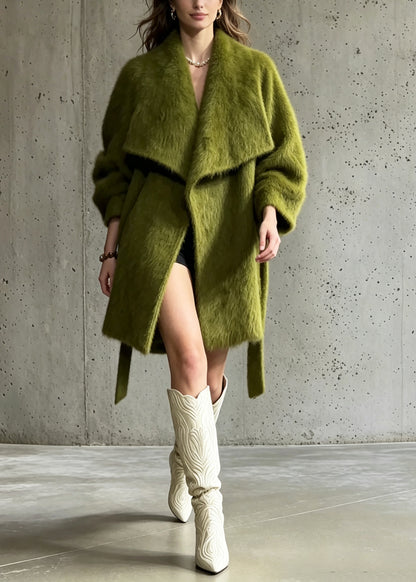 Women Green Peter Pan Collar Woolen Coats Winter