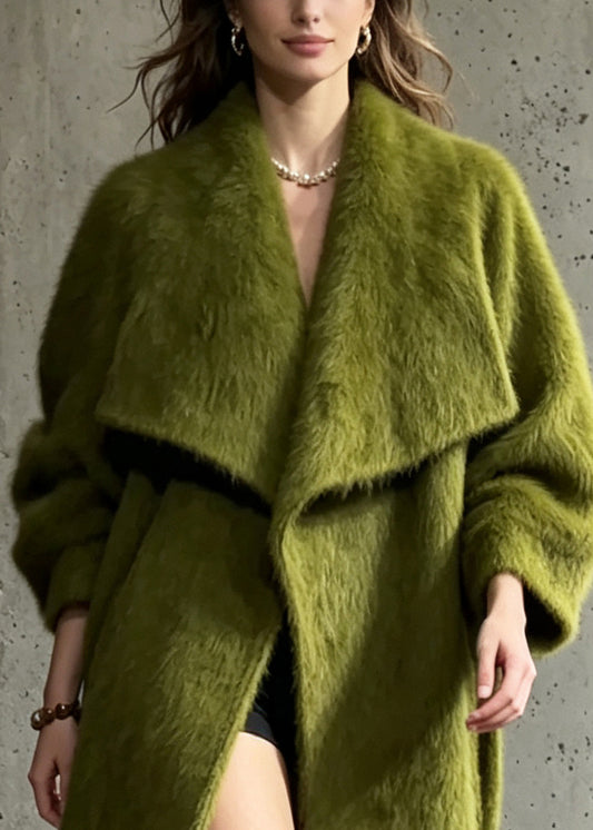 Women Green Peter Pan Collar Woolen Coats Winter