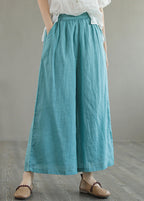 Women Green Pockets Elastic Waist Linen Wide Leg Pants Summer