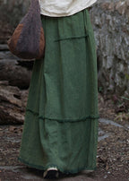 Women Green Pockets Raw Edge Patchwork Linen Skirt Spring