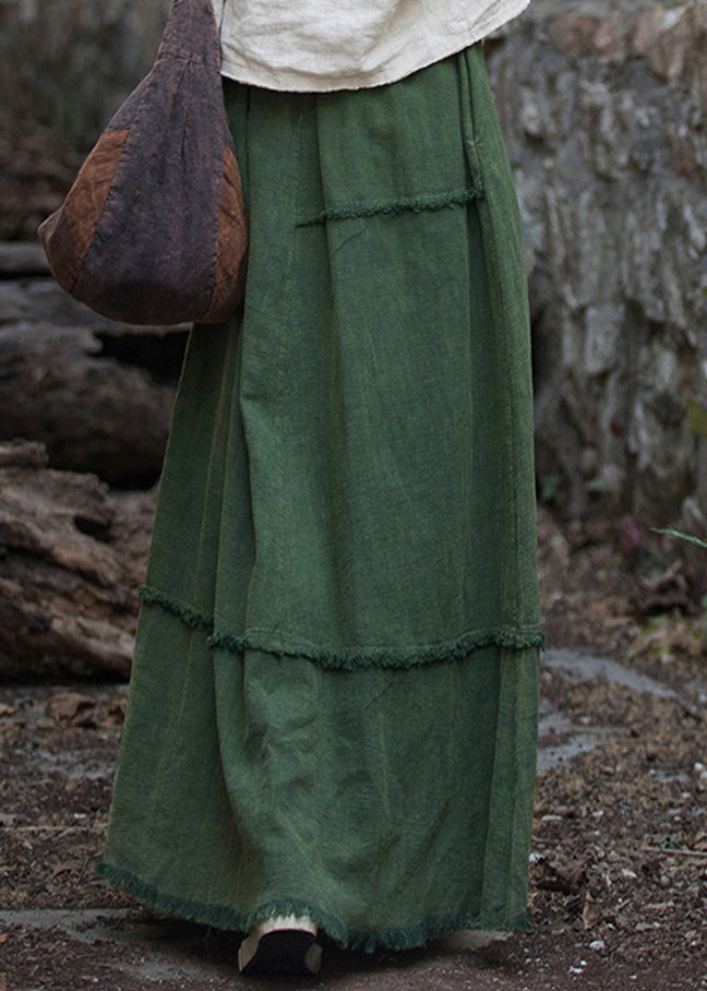 Women Green Pockets Raw Edge Patchwork Linen Skirt Spring