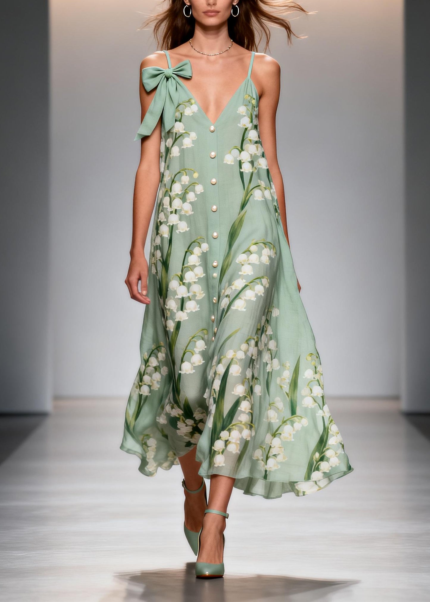 Women Green Print Fine Pearl Chiffon Sun Dress Summer