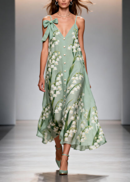 Women Green Print Fine Pearl Chiffon Sun Dress Summer