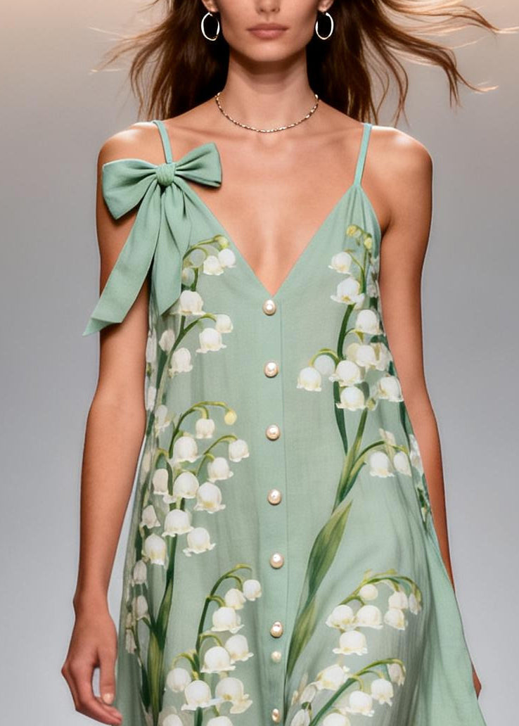 Women Green Print Fine Pearl Chiffon Sun Dress Summer