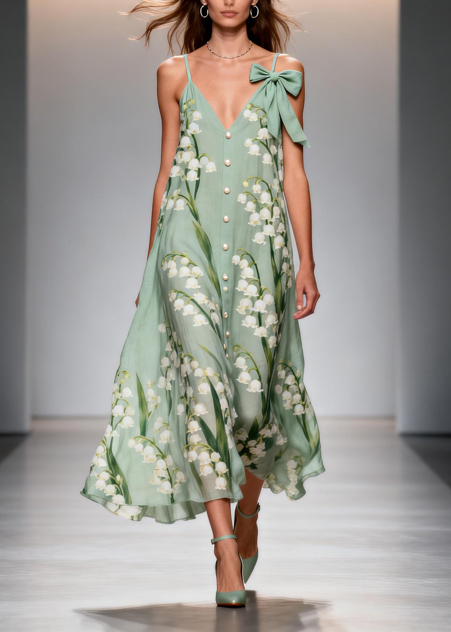 Women Green Print Fine Pearl Chiffon Sun Dress Summer