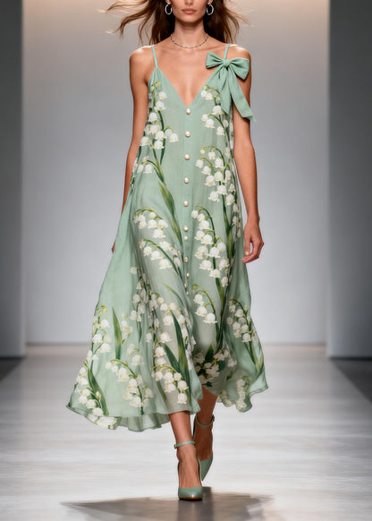 Women Green Print Fine Pearl Chiffon Sun Dress Summer