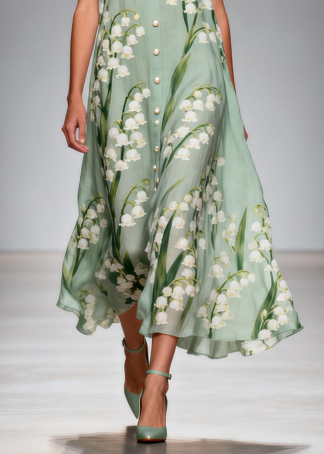 Women Green Print Fine Pearl Chiffon Sun Dress Summer