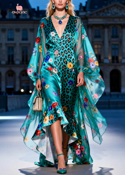 Women Green Print Low High Design Exra Large Hem Silk Dress Summer