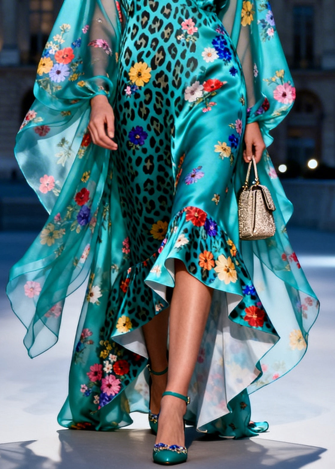 Women Green Print Low High Design Exra Large Hem Silk Dress Summer