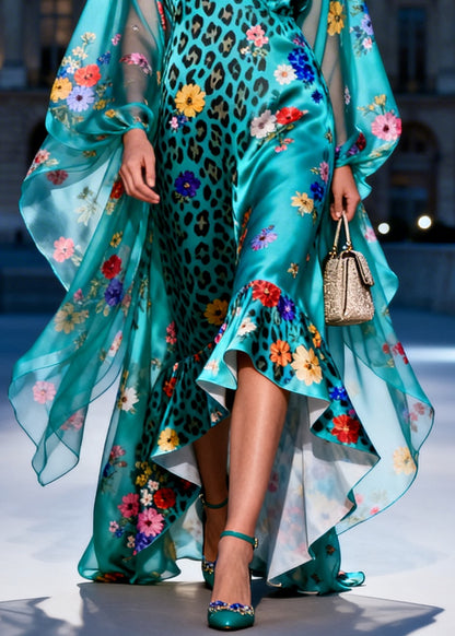 Women Green Print Low High Design Exra Large Hem Silk Dress Summer