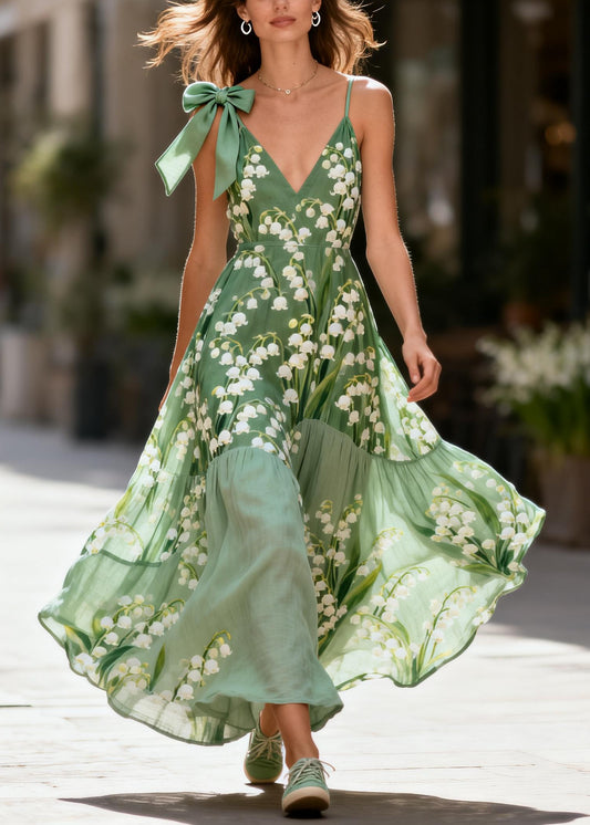 Women Green Print Patchwork Exra Large Hem Cotton Holiday Dress Summer