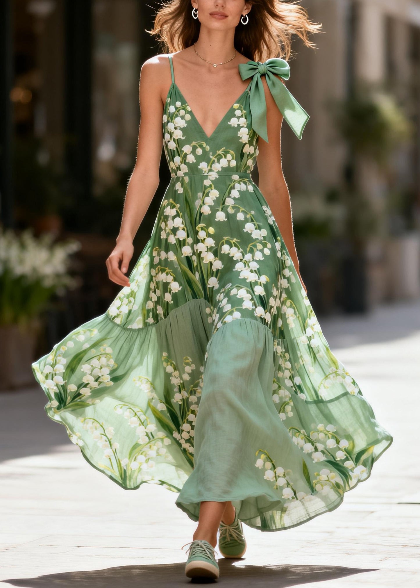 Women Green Print Patchwork Exra Large Hem Cotton Holiday Dress Summer