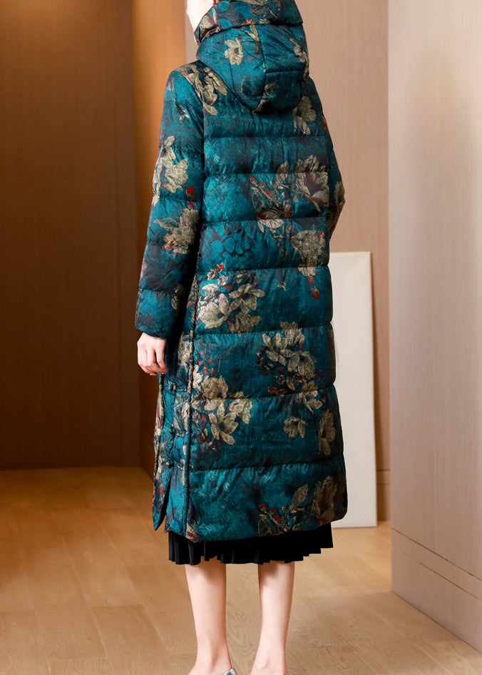 Women Green Print Pockets Chinese Button cotton blend Puffers Coat Winter