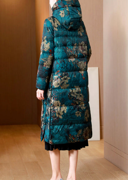 Women Green Print Pockets Chinese Button cotton blend Puffers Coat Winter