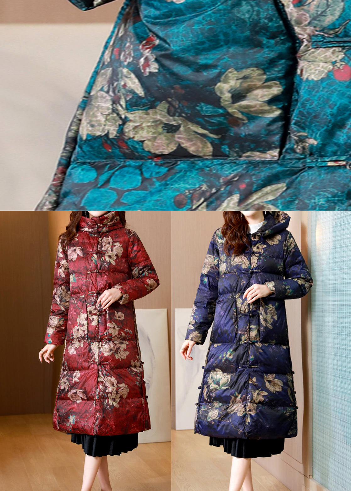 Women Green Print Pockets Chinese Button cotton blend Puffers Coat Winter