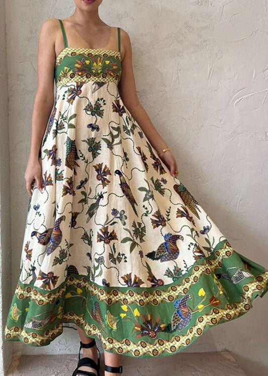 Women Green Print Pockets Patchwork Cotton Spaghetti Strap Dress Sleeveless