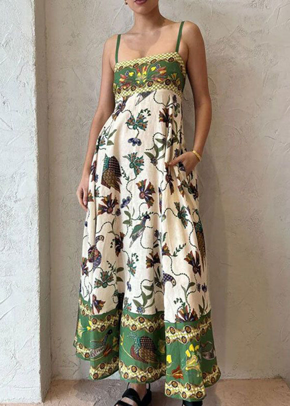Women Green Print Pockets Patchwork Cotton Spaghetti Strap Dress Sleeveless