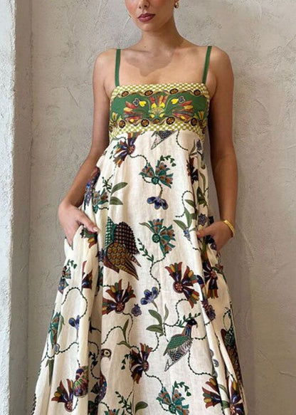 Women Green Print Pockets Patchwork Cotton Spaghetti Strap Dress Sleeveless