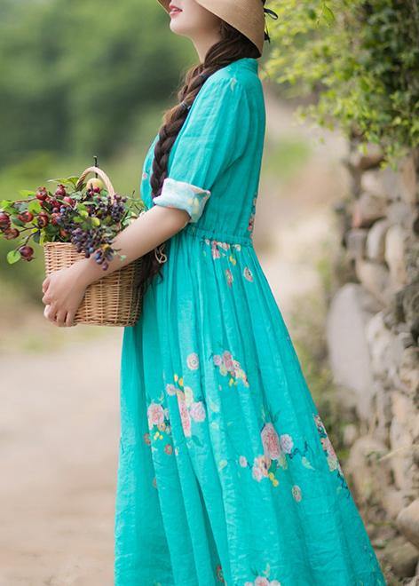 Women Green Print Robes Patchwork Drawstring Robe Spring Dress - SooLinen