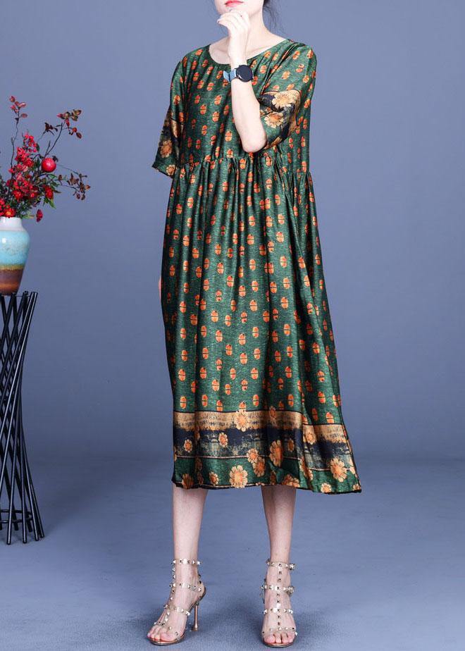 Women Green Print Silk Cinched Dress Summer - SooLinen