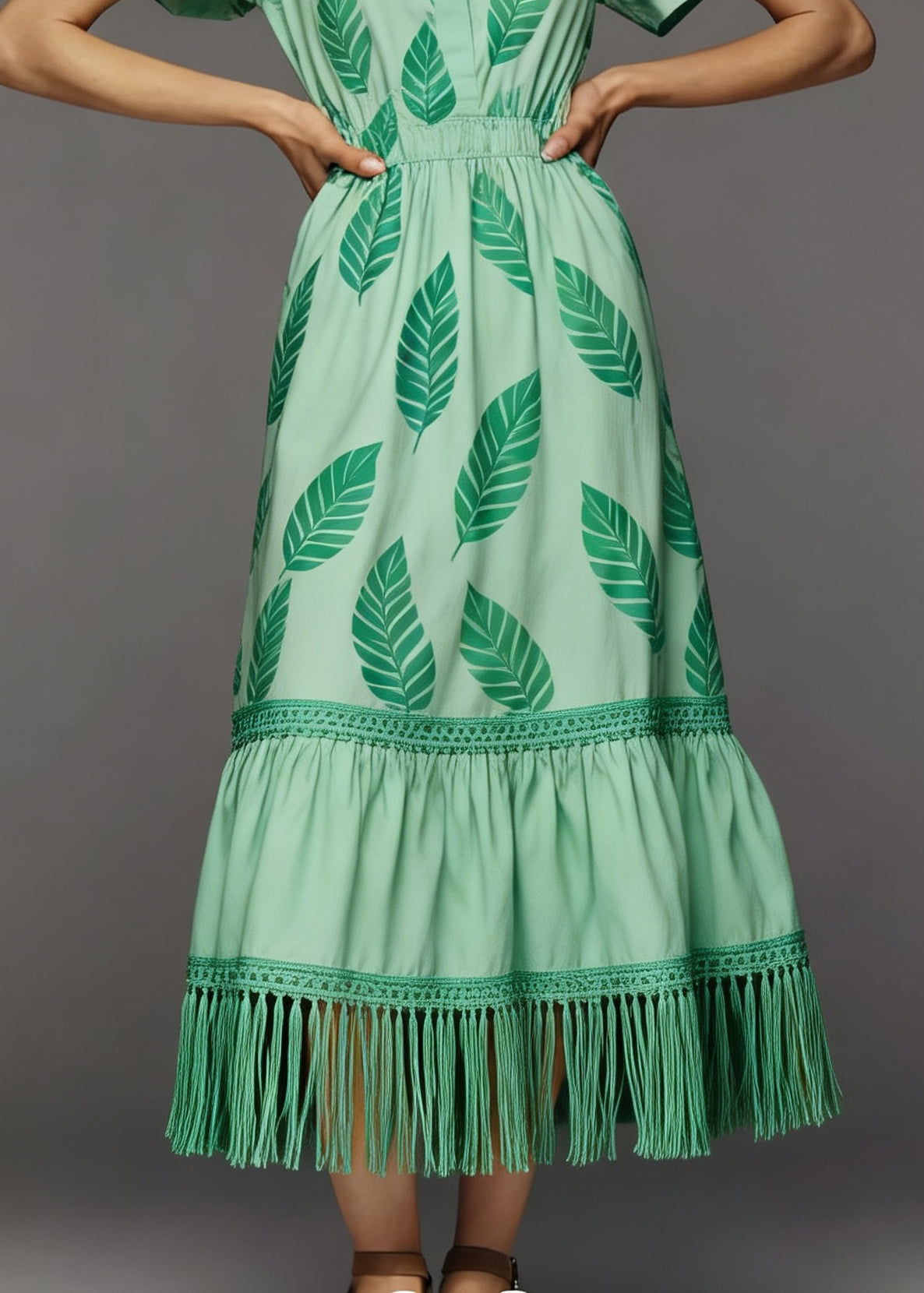 Women Green Print Tasseled Patchwork Cotton Dress Summer
