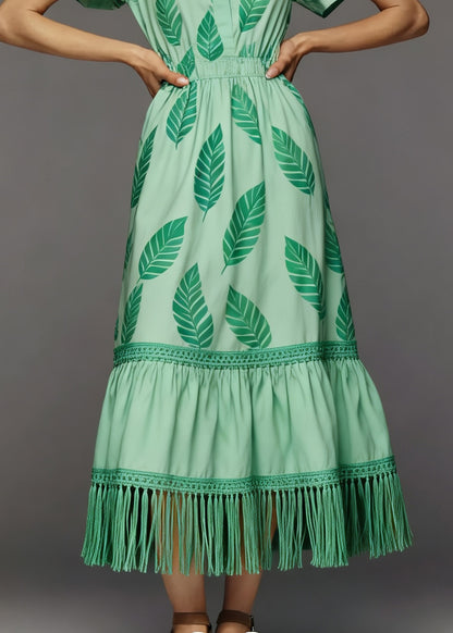 Women Green Print Tasseled Patchwork Cotton Dress Summer