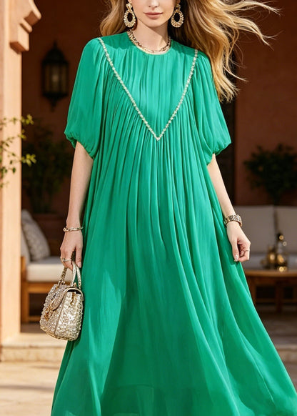Women Green Puff Sleeve Nail Bead Chiffon Long Dresses