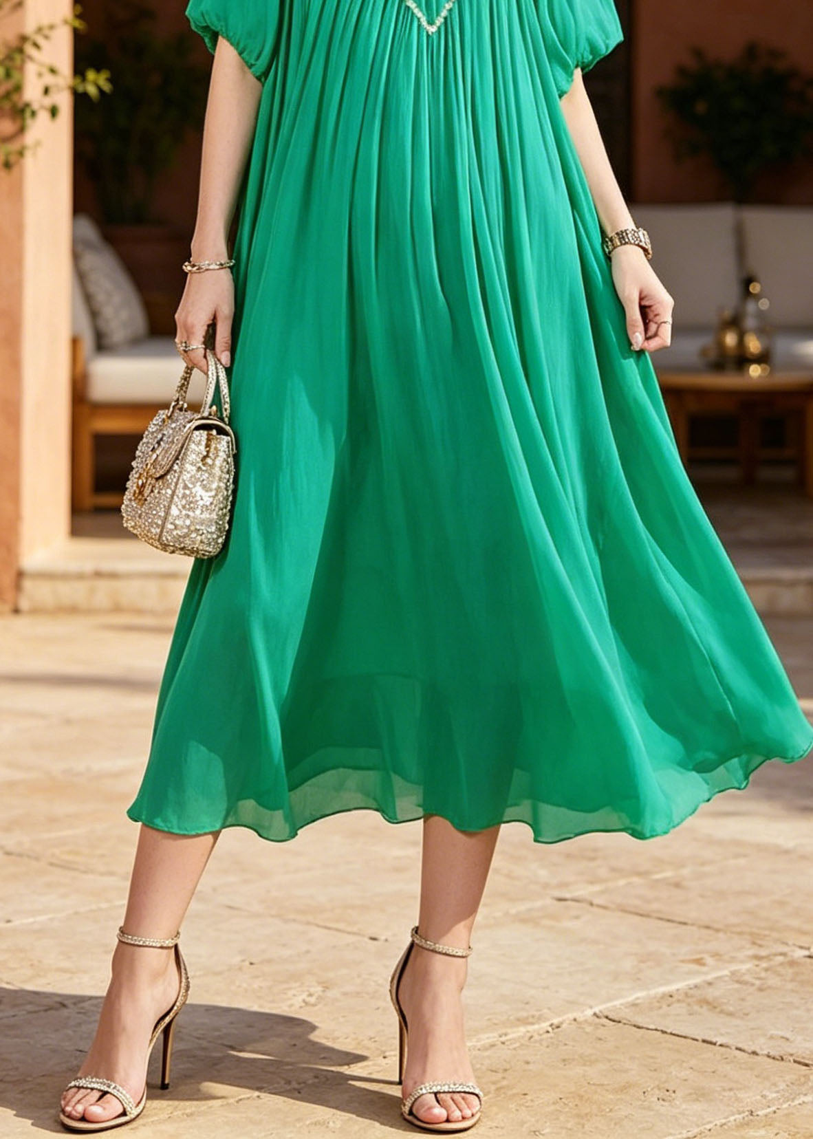 Women Green Puff Sleeve Nail Bead Chiffon Long Dresses