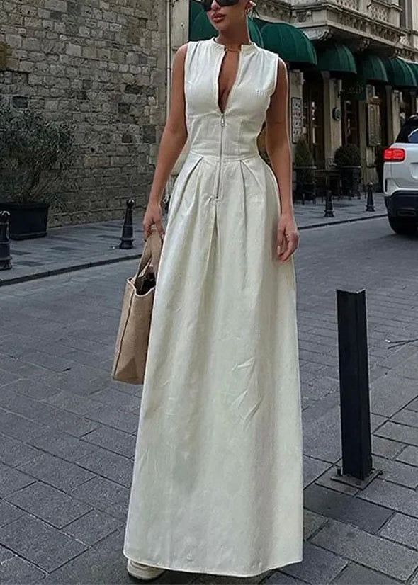 Women Green Round Collar Sleeveless Pleated Slim Maxi Dress