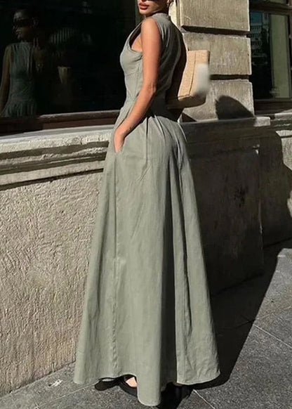 Women Green Round Collar Sleeveless Pleated Slim Maxi Dress