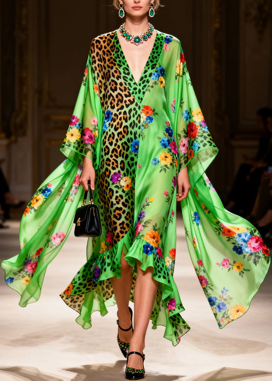 Women Green Ruffled Asymmetrical Design Print Patchwork Silk Dresses Summer