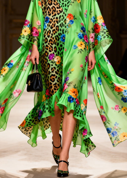 Women Green Ruffled Asymmetrical Design Print Patchwork Silk Dresses Summer