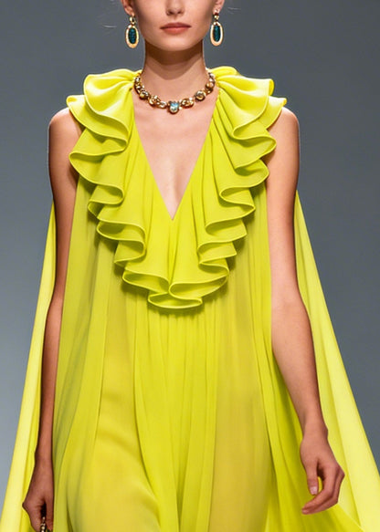 Women Green Ruffled Exra Large Hem Flower Chiffon Robe Dresses Summer
