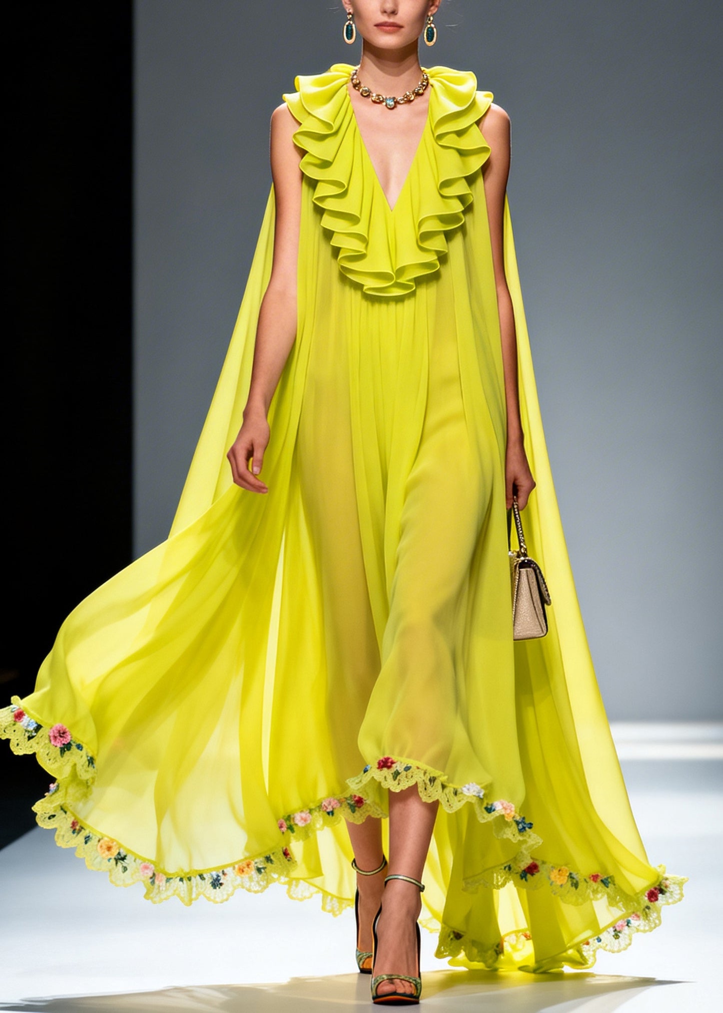 Women Green Ruffled Exra Large Hem Flower Chiffon Robe Dresses Summer