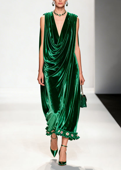 Women Green Ruffled Floral Patchwork Velvet Ankle Dress Sleeveless