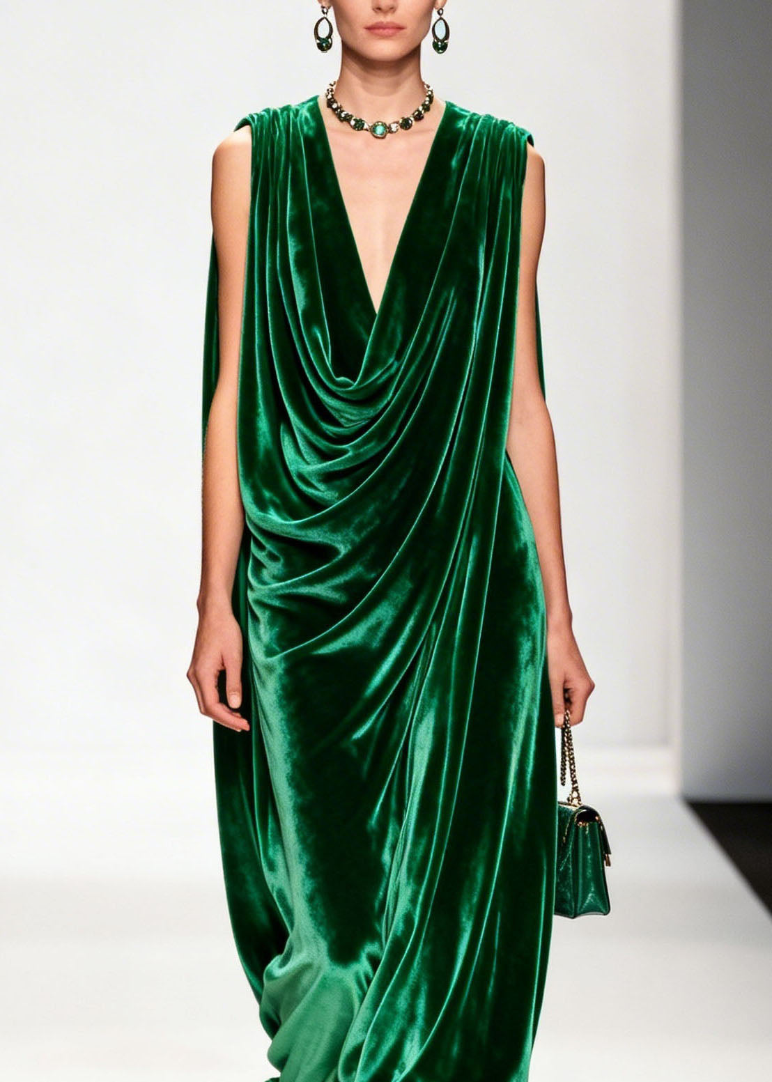 Women Green Ruffled Floral Patchwork Velvet Ankle Dress Sleeveless