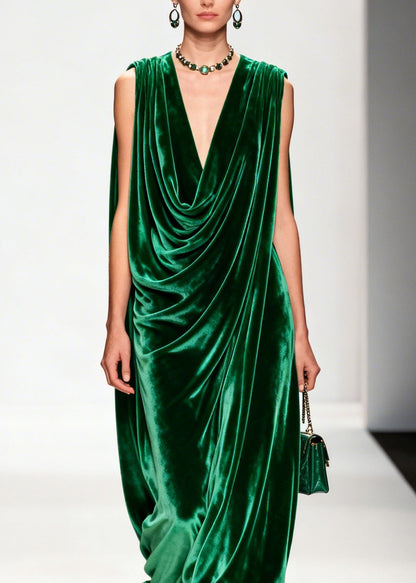 Women Green Ruffled Floral Patchwork Velvet Ankle Dress Sleeveless