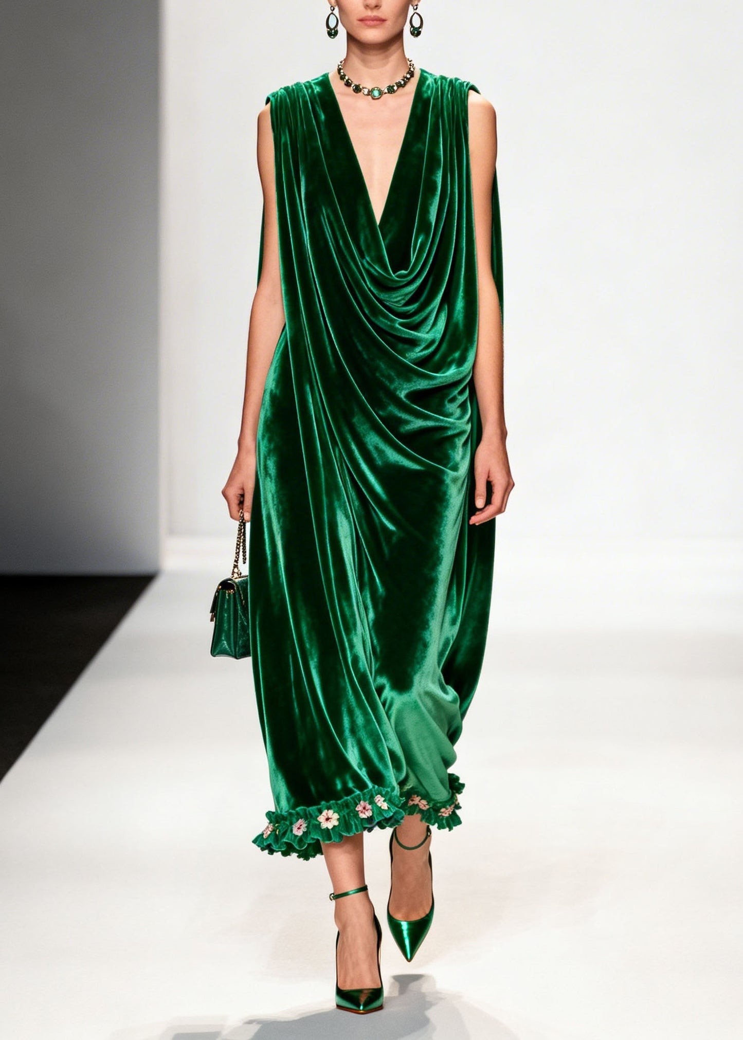 Women Green Ruffled Floral Patchwork Velvet Ankle Dress Sleeveless