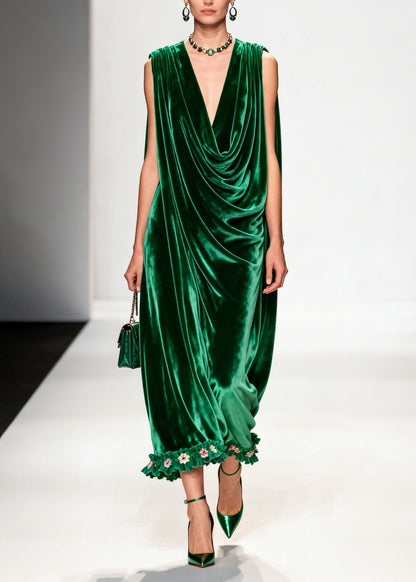 Women Green Ruffled Floral Patchwork Velvet Ankle Dress Sleeveless