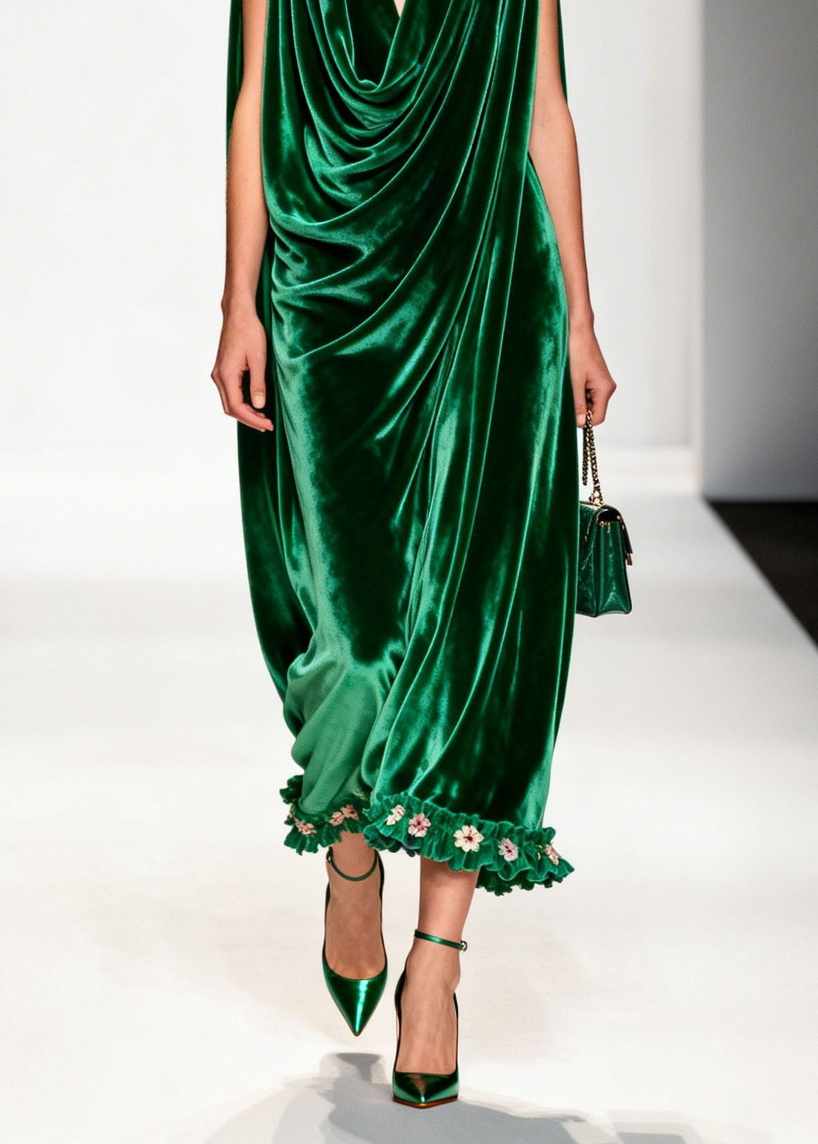 Women Green Ruffled Floral Patchwork Velvet Ankle Dress Sleeveless
