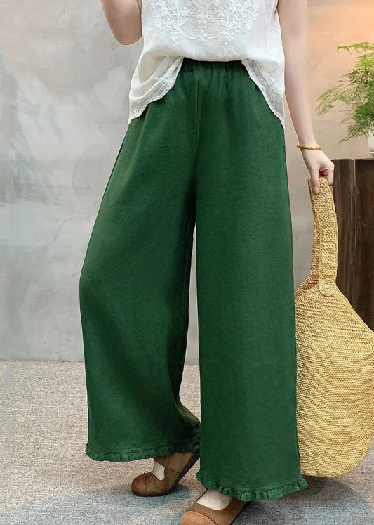 Women Green Ruffled Linen Wide Leg Pants Summer