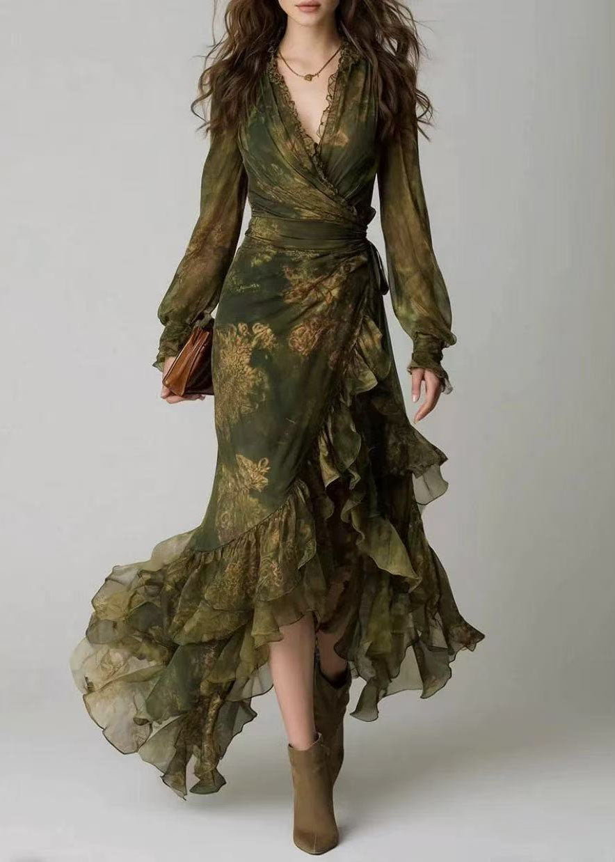 Women Green Ruffled Print Chiffon Maxi Dress Summer